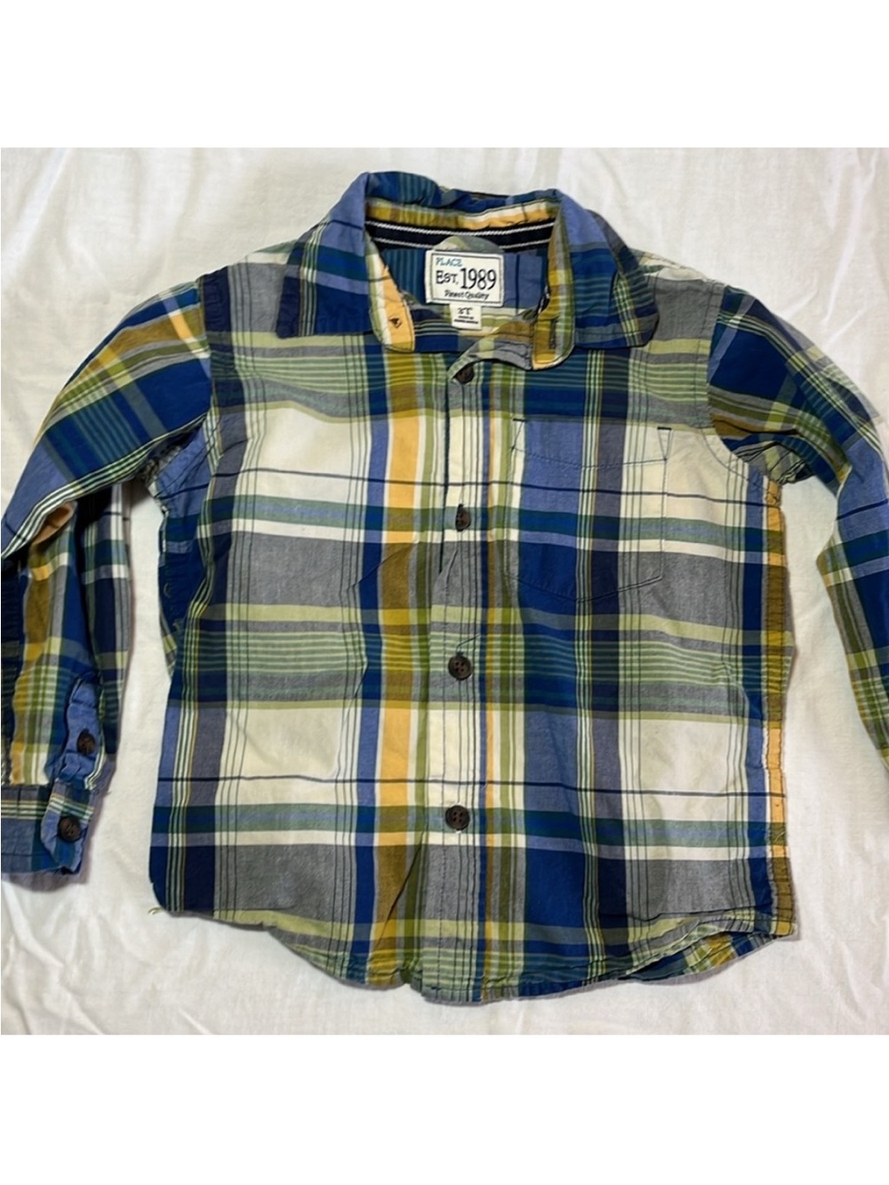 3T The Children's Place Plaid Button-Up Shirt - Blue/Green/Yellow